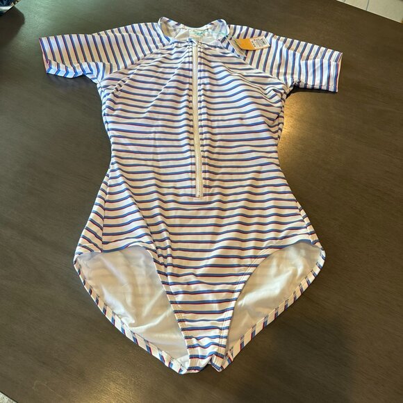 Kona Sol Red White Blue Stripe Rash Guard Full Coverage Swimsuit W Zip Size M - Picture 2 of 4